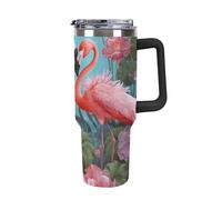 STVNKML Bicchiere da 1180 ml con manico, motivo fenicottero e fiori d'amore, in acciaio inox, riutilizzabile, da viaggio, a prova di perdite, isolato, per auto, grande capacità, per viaggi, attività