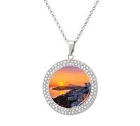 STVNKML Collana da donna con ciondolo a forma di cerchio con paesaggio dell'isola della Grecia, collana girocollo alla moda con ciondolo a disco diamantato per anniversario, San Valentino, regalo di