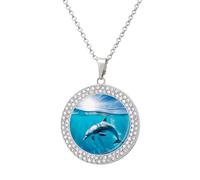 STVNKML Collana girocollo da donna con delfino che nuota nel mare blu, collana con ciondolo a forma di cerchio alla moda con disco di diamanti per anniversario, San Valentino, regalo di Natale per