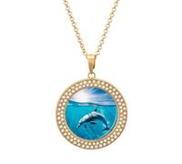 STVNKML Collana girocollo da donna con delfino che nuota nel mare blu, collana con ciondolo a forma di cerchio alla moda con disco di diamanti per anniversario, San Valentino, regalo di Natale per