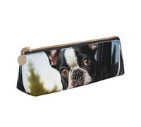 STVYUKL Astuccio porta matite con cucciolo di cane Boston Terrier, elegante astuccio sottile con cerniera, astuccio in pelle per cosmetici e trucchi per lavoro e ufficio