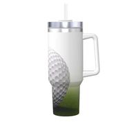 STVYUKL Bicchiere da caffè a forma di pallina da golf, con manico e cannuccia, isolato sottovuoto, in acciaio inox, a doppia parete, elegante, da viaggio, con supporto per tazza da caffè, base