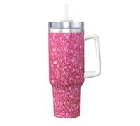 STVYUKL Bicchiere da caffè con glitter rosa scintillante, con manico e cannuccia, isolamento sottovuoto, in acciaio inox, a doppia parete, elegante da viaggio, con supporto per tazza da caffè, base