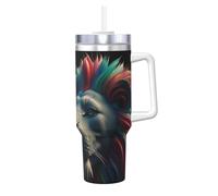 STVYUKL Bicchiere da caffè con leone astratto 3D da 1,18 l, con manico e cannuccia, isolamento sottovuoto, in acciaio inox, a doppia parete, elegante da viaggio, con supporto per tazza da caffè, base