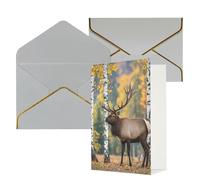 STVYUKL Biglietto di auguri con buste grigio chiaro, biglietto di auguri con foglie di betulla autunnali, alci, per compleanno, matrimonio, invito, biglietti per tutte le occasioni, 10 x 15 cm