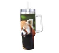 STVYUKL Little Red Panda - Bicchiere da caffè con manico e cannuccia, isolato sottovuoto, in acciaio inox, a doppia parete, elegante, da viaggio, con supporto per tazza da caffè, per donne e uomini