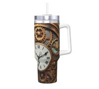 STVYUKL Rusty Steampunk Clock - Bicchiere da caffè con manico e cannuccia, isolato sottovuoto, in acciaio inox, a doppia parete, elegante, da viaggio, con supporto per tazza da caffè, per donne e