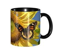 STVYUKL Tazza da caffè in ceramica da 325 ml, con comoda impugnatura, con farfalle sui girasoli, tazza da tè per case e uffici