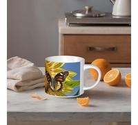 STVYUKL Tazza da caffè in ceramica da 450 ml, divertente tazza da caffè con grande manico, farfalle sui girasoli, tazza da tè tazza regalo per latte, cacao, caffè bianco
