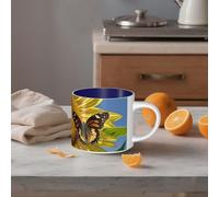 STVYUKL Tazza da caffè in ceramica da 450 ml, divertente tazza da caffè con grande manico, farfalle sui girasoli, tazza da tè tazza regalo per latte, cacao, caffè, blu navy