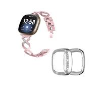 (Style C Fitbit Versa 3, Multicolor) For Fitbit Versa 3/Sense X-Shape Design Bracelet Wrist Strap+Two Row Rhinestones Silver Watch Case