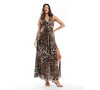 Style Cheat - Vestito lungo leopardato con decorazione a forma di fiore sulle spalle-Multicolore 48