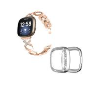 (Style D Fitbit Versa 3, Pink gold) For Fitbit Versa 3/Sense X-Shape Design Bracelet Wrist Strap+Two Row Rhinestones Silver Watch Case