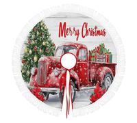 Style De Peinture À L'Aquarelle Jupe De Sapin De Noël - Grande Ronde Tapis Couvre-Pied Dessous De Sapin Couverture Ronde Avec Éléments Sapin Noël Rétro En Forme Camion Rouge - Vert - 76cm