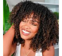STYLE ICON Afro Kinky Curly Wig with Bangs Full Machine Made Wig for Black Women 200 Density Virgin Brazilian Short Curly Human Hair Wigs 14 inch (Black Mixed Brown)
