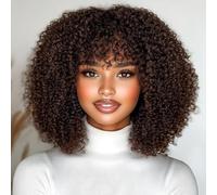 STYLE ICON Afro Kinky Curly Wig with Bangs Full Machine Made Wig for Black Women 200 Density Virgin Brazilian Short Curly Human Hair Wigs 14" (marrone scuro)