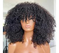 STYLE ICON Afro Kinky Curly Wig with Bangs Full Machine Made Wig for Black Women 200 Density Virgin Brazilian Short Curly Human Hair Wigs 14 inch