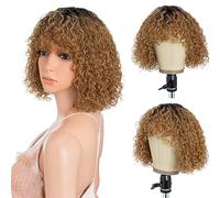 Style Icon Parrucca bionda con capelli umani corti e ricci, per donne di colore, parrucca afro riccia, con frangia, senza colla, da indossare per andare (25,4 cm, TT2/27)