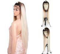 Style Icon Parrucca frontale in pizzo super lunga e liscia, 33 x 10 cm, 96,5 cm, bionda bianca, parrucca per capelli lunghi e lisci, da donna, con parte libera pre-pizzicata con fibra sintetica di