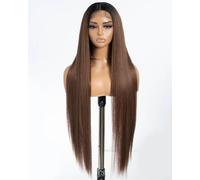 Style Icon Parrucca super lunga e liscia con pizzo frontale, 91,4 cm, capelli lisci yaki chiari, castano sfumato, pre-pizzicati con capelli sintetici in fibra resistente al calore