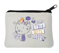 Style with Soul - Portamonete in neoprene con gatto e uccellino, 12 x 9 cm, colore: Bianco