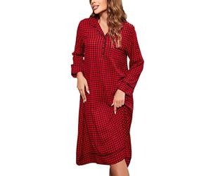 Stylebest Camicia da Notte da Donna a Maniche Lunghe Design Scozzese Confortevole con Chiusura a Bottoni con Risvolto per la Casa e Il Tempo Libero Camicia da Notte Rossa in Rayon Taglia M-2XL (XL)