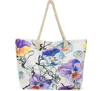 styleBREAKER Borsa da spiaggia Ladies XXL con stampa floreale colorata di fiori viola, cerniera, borsa a tracolla, shopper 02012346, colore:Bianco-violetto-blu