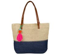 styleBREAKER Borsa in paglia intrecciata bicolore da donna,Beige-blu scuro