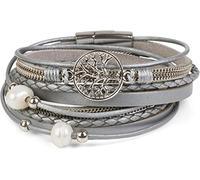 styleBREAKER Bracciale in Perle, Catena, Elementi Intrecciati e Ciondolo dell'albero della Vita, Chiusura Magnetica, Braccialetto da Polso, Donna 05040070, Colore:Grigio Chiaro-Argento
