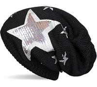 styleBREAKER Calda Cuffia Beanie in Maglia fine con Stampa Vintage a Stella all Over, Paillettes e Morbidissimo Rivestimento Interno in Pile, Slouch longbeanie, Unisex 04024091, Colore:Nero