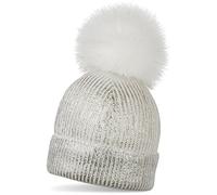 styleBREAKER Caldo Berretto con PON PON in Maglia Metallizzata e PON-PON Removibile in Pelliccia Sintetica, Berretto Invernale con PON-PON di Pelliccia, da Donna 04024138, Colore:Bianco - Argento