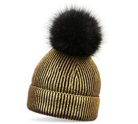 styleBREAKER Caldo Berretto con PON PON in Maglia Metallizzata e PON-PON Removibile in Pelliccia Sintetica, Berretto Invernale con PON-PON di Pelliccia, da Donna 04024138, Colore:Nero/Oro