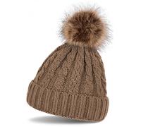 styleBREAKER cuffia a pon pon con motivo intrecciato, cuffia in maglia con pon pon in pelliccia, cuffia beanie invernale, unisex 04024064, colore:Marrone