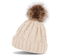 styleBREAKER cuffia a pon pon con motivo intrecciato, cuffia in maglia con pon pon in pelliccia, cuffia beanie invernale, unisex 04024064, colore:Beige