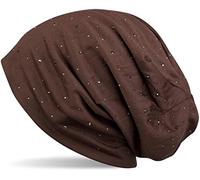 styleBREAKER cuffia beanie classica con raffinate applique di strass e borchie, unisex 04024037, colore:Marrone scuro
