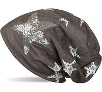 styleBREAKER Cuffia Beanie in Pelle Scamosciata con Paillettes, Stella e Stampa Vintage a Stella all Over, Morbidissimo Rivestimento Interno in Pile, Unisex 04024098, Colore:Grigio Scuro