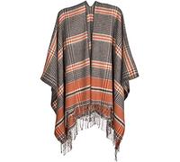 styleBREAKER Poncho Donna a Quadri Glencheck con Frange,Arancio-Nero-Bianco