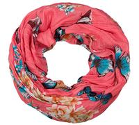 styleBREAKER Sciarpa loop da donna con stampa colorata di farfalle e fiori, sciarpa crash e crinkle, foulard 01016013, colore:Corallo