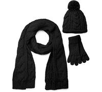 styleBREAKER set coordinato di sciarpa, cuffia e guanti, sciarpa in maglia con motivo intrecciato con cuffia a pon pon e guanti, donna 01018208, colore:Nero/Sciarpa