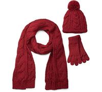 styleBREAKER set coordinato di sciarpa, cuffia e guanti, sciarpa in maglia con motivo intrecciato con cuffia a pon pon e guanti, donna 01018208, colore:Bordò-Rosso/Sciarpa