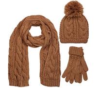 styleBREAKER set coordinato di sciarpa, cuffia e guanti, sciarpa in maglia con motivo intrecciato con cuffia a pon pon e guanti, donna 01018208, colore:Cognac/Stanio