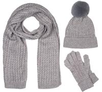 styleBREAKER Set da donna 3 pezzi sciarpa, cappello e guanti con pompon, sciarpa in maglia a cavo Caldo Inverno Unicolore 01018270, colore:Grigio