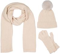 styleBREAKER Set da donna 3 pezzi sciarpa, cappello e guanti con pompon, sciarpa in maglia a cavo Caldo Inverno Unicolore 01018270, colore:Beige