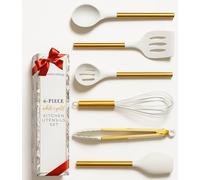 Styled Settings Set di 6 utensili da cucina in silicone bianco e oro, con spatola, frusta, pinze, cucchiaio e paletta - Antiaderente, senza BPA, accessori da cucina dorati