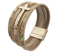StyleJella Bracciale avvolgente in pelle da donna con croce in acciaio inox e doppio ciondolo - Bracciale multistrato alla moda con maglie, cavo e catena di perline, regalo perfetto per le donne, 7