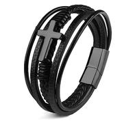 StyleJella Bracciale avvolgente in pelle da donna con croce in acciaio inox e doppio ciondolo - Bracciale multistrato alla moda con maglie, cavo e catena di perline, regalo perfetto per le donne, 7