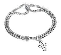 StyleJella Bracciale avvolgente in pelle da donna con croce in acciaio inox e doppio ciondolo - Bracciale multistrato alla moda con maglie, cavo e catena di perline, regalo perfetto per le donne, 7