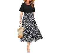 STYLEWORD Donna Vestito Estivo Midi Manica Corta con Volant Vestito Floreale Swing Maxi Abiti Lunghi con Tasche