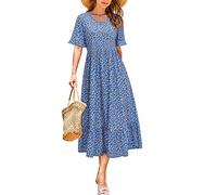 STYLEWORD Donna Vestito Estivo Midi Manica Corta con Volant Vestito Floreale Swing Maxi Abiti Lunghi con Tasche