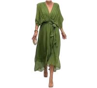 Stylish And Elegant V-Neck Maxi Dress Summer Batwing Sleeve Irregular High Waist Chiffon Maxi Dress for Women (Green,3XL)